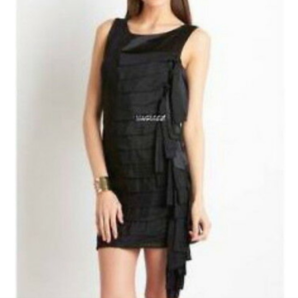 BCBG Max Azria Womens Dress‎ Sheath Black Pleated Drape Bow Silk Ties Knit Sz 0